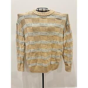 Zara Womens Medium Colorblock Knit Sweater Tan Sage Cream Textured